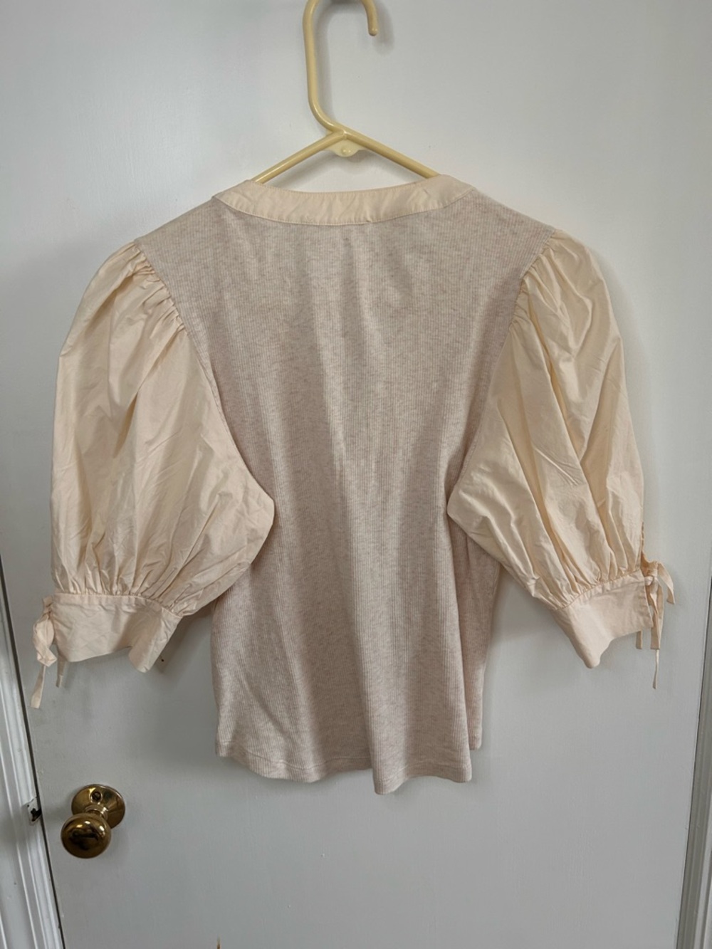 ULLA JOHNSON PIA V-NECK MELANGE RIB KNIT TOP WITH PUFF SLEEVES SIZE MEDIUM - Picture 9 of 13